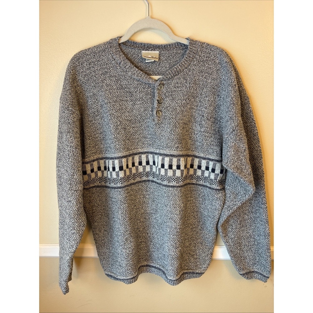 Alpine Ridge Rugged Wear Mens Henley Sweater Grey Geometric Knit Cotton Blend L